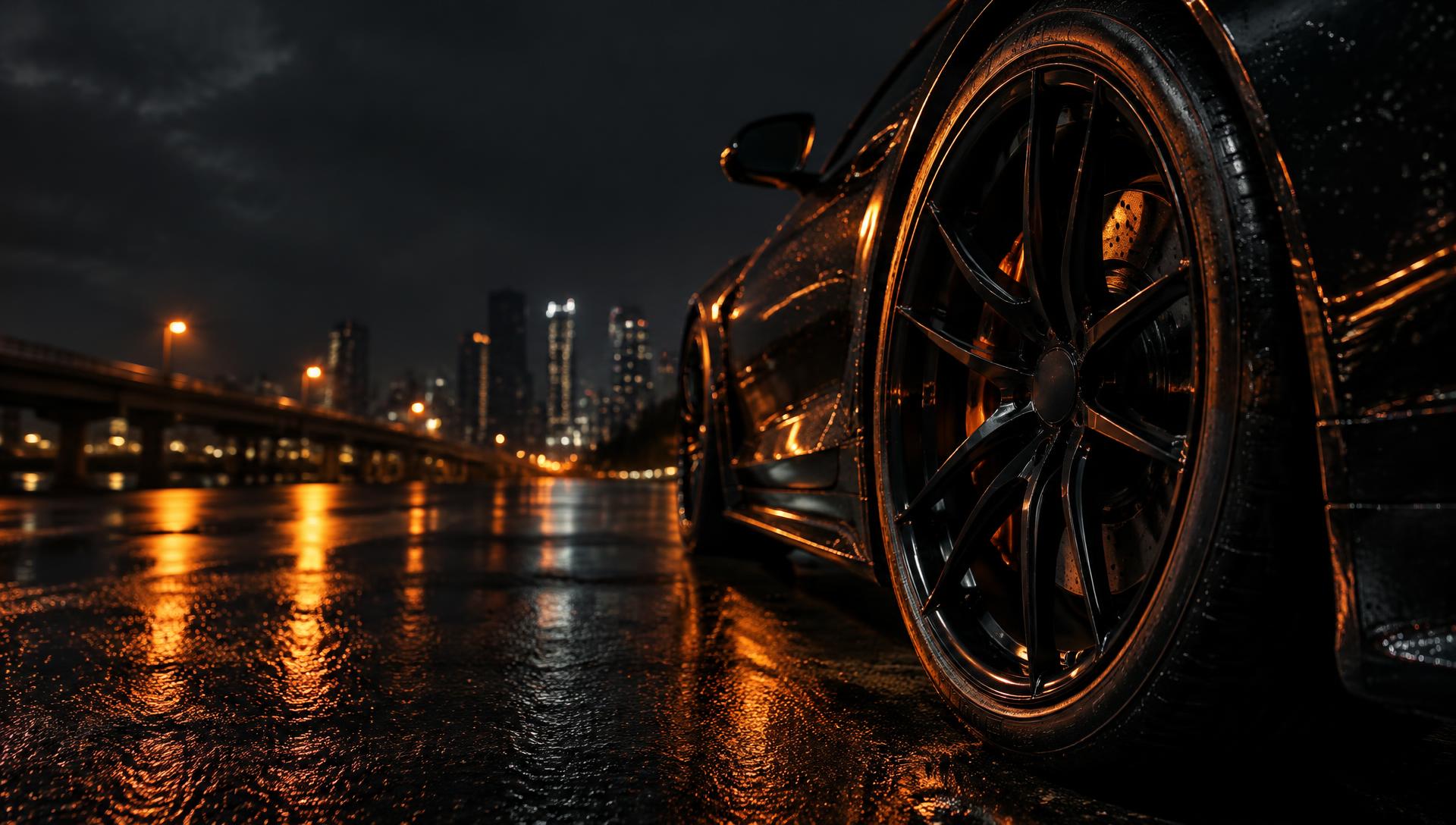 Dark alloy wheel on a sports car at night on wet city asphalt